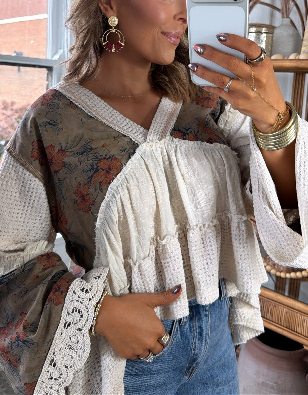 Hibiscus Blooms Patchwork Top, Cream Multi