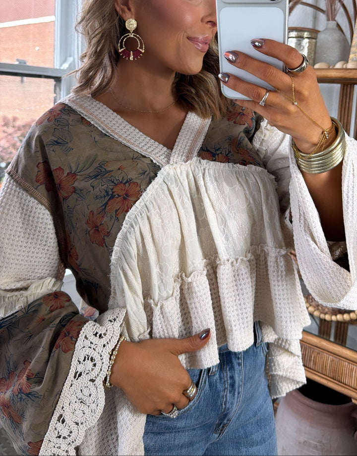 Hibiscus Blooms Patchwork Top, Cream Multi