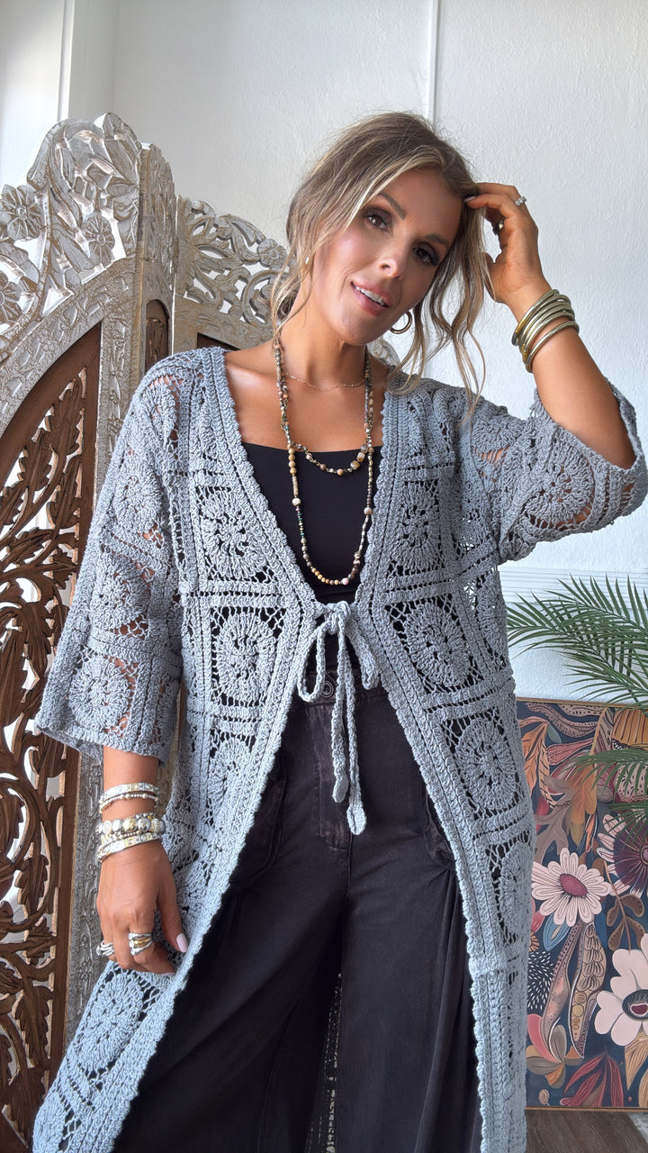 Something Light Crochet Tie Cardigan, Stone Grey