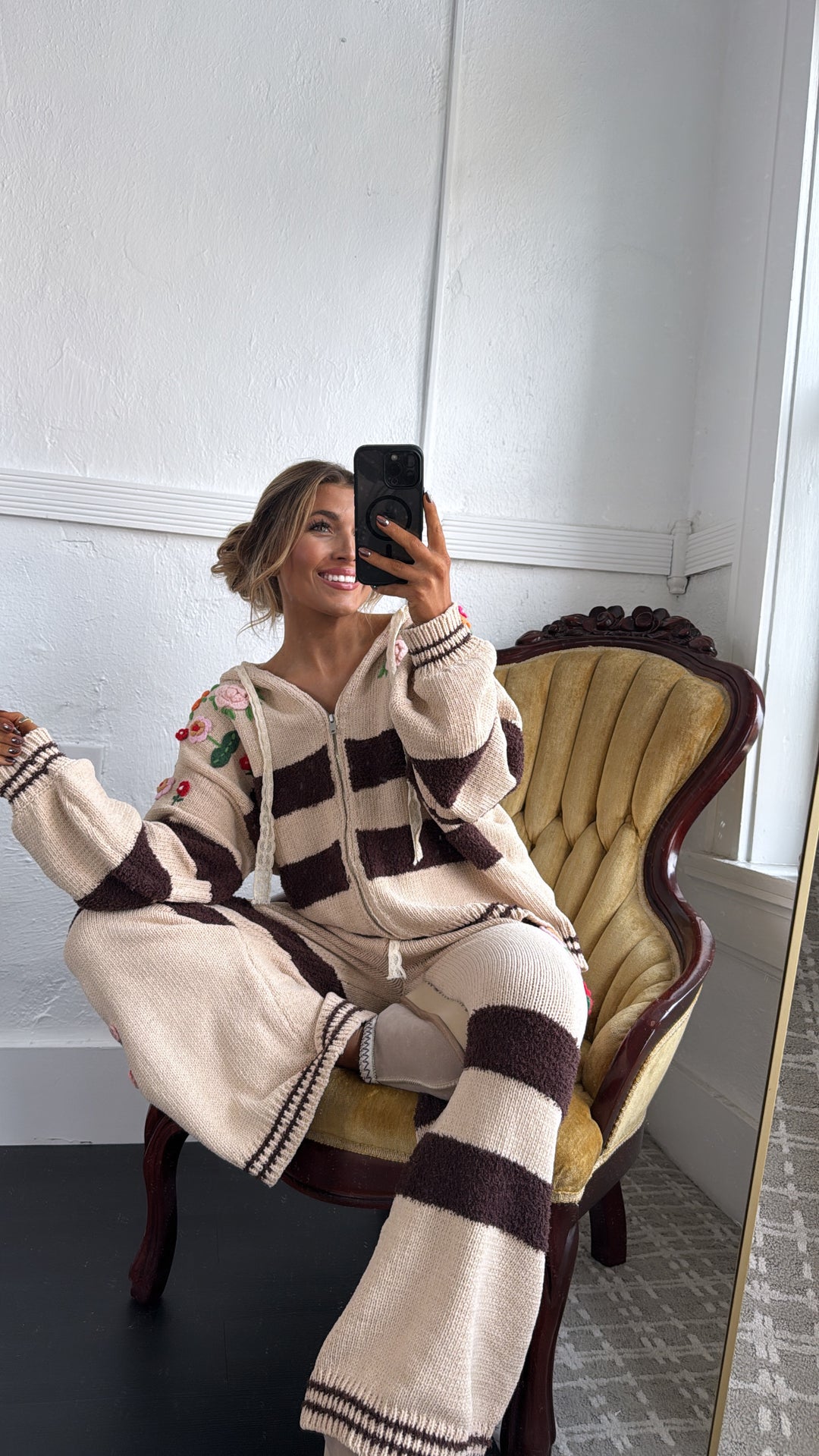 Striped Floral Detail Zip Up Sweater, Mocha Multi