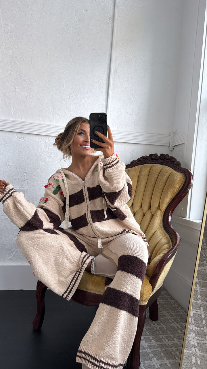 Striped Floral Detail Zip Up Sweater, Mocha Multi