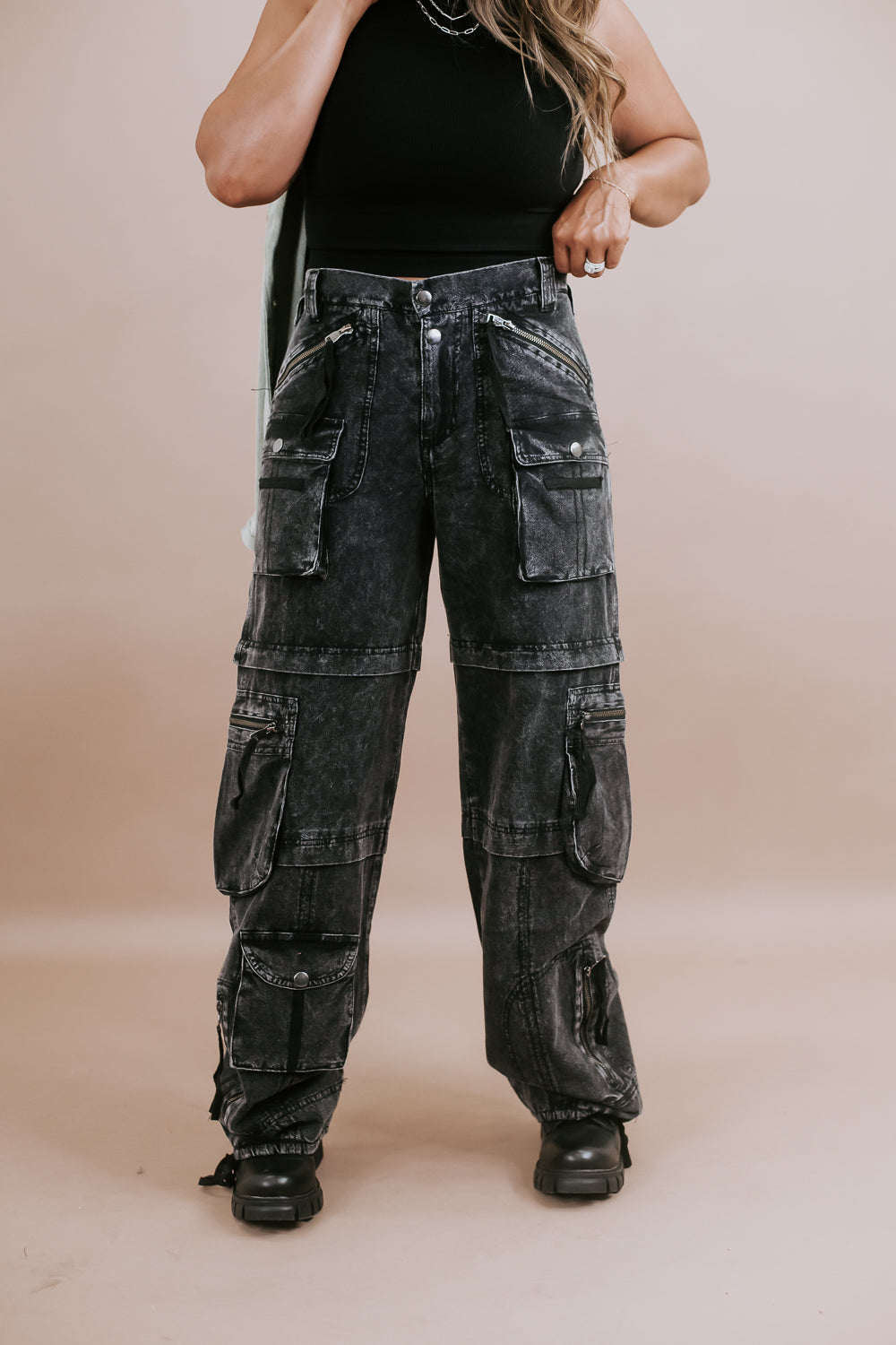 Mineral Washed Cargo Pants, Black