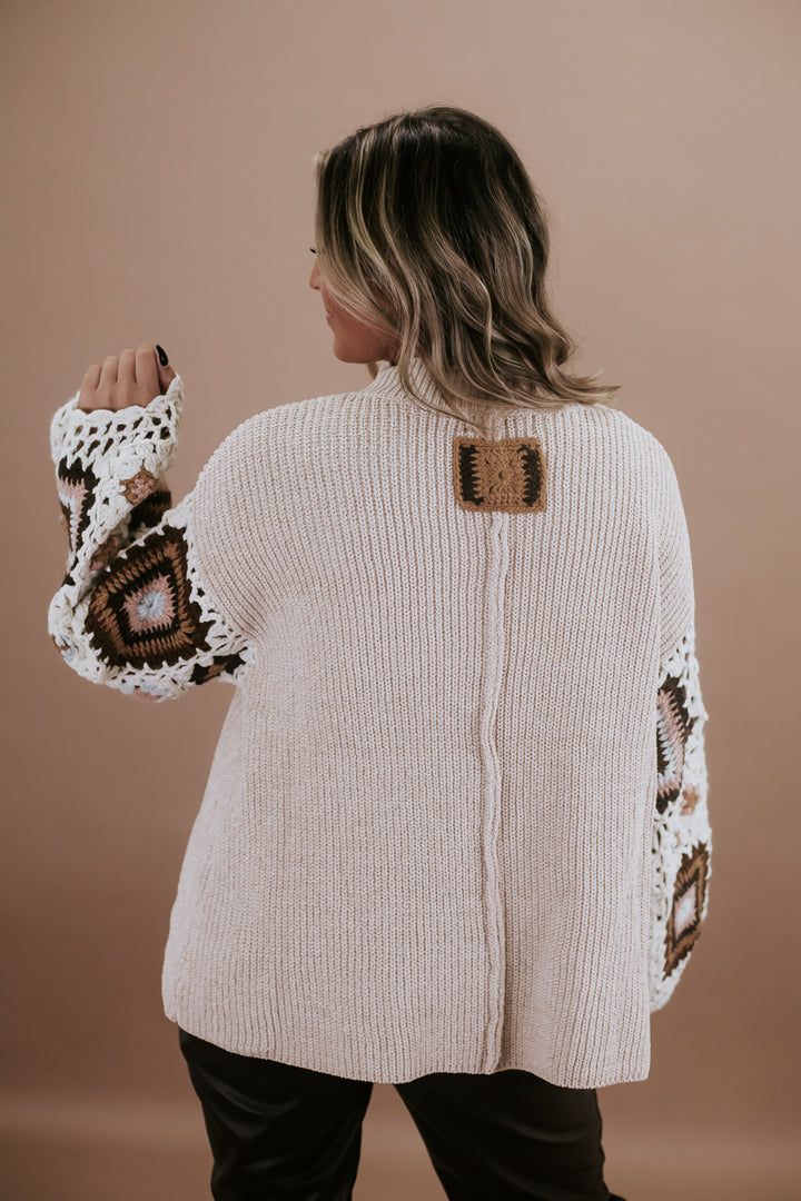 Boho Patched Crochet Sleeve Sweater, Almond Multi