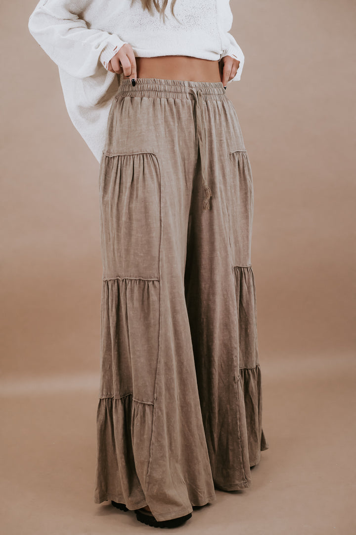 Mineral Washed Tiered Wide Leg Pants, Mocha
