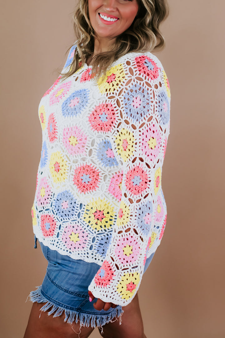Crochet Long Sleeve Top, Multicolor