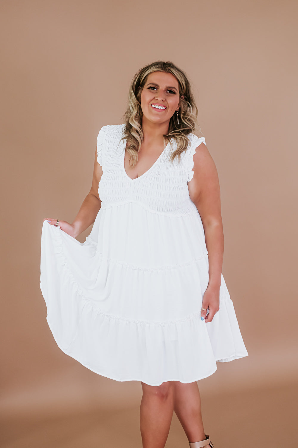 Ruffle Sleeved Smocked Dress, White – Everyday Chic Boutique