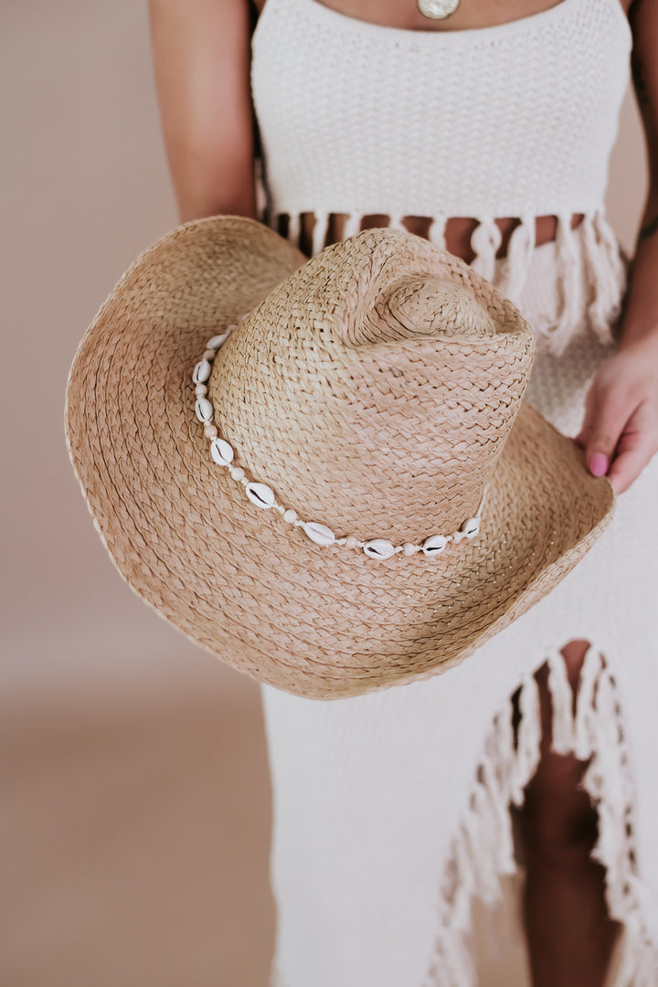 Cowrie Shell Paper Braided Cowboy Hat, Khaki