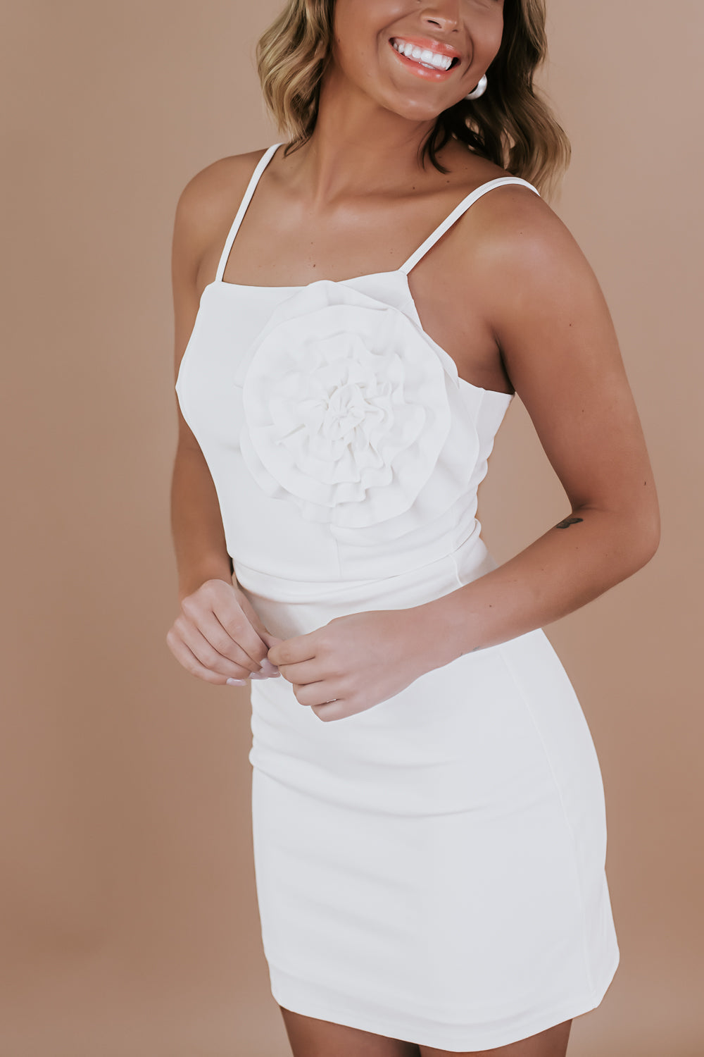 Rosette Bodycon Tube Dress, White Small Rosette Bodycon Tube Dress, White Small