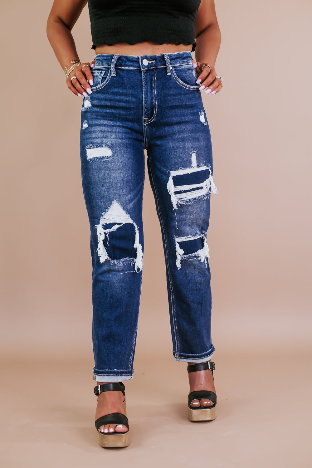 rdp5072,rdp5072X, Risen denim, patched denim ,distressed patched denim, straight leg jeans, summer denim inspo