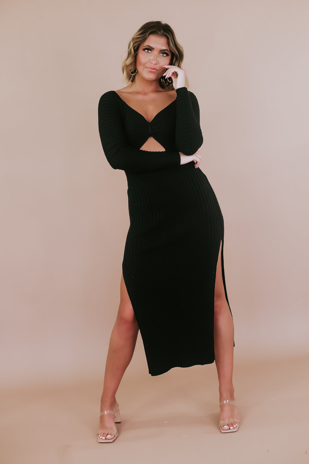 ECB Exclusive: Little Black Ribbed Cutout Slit Long Sleeve Dress, Black XL
