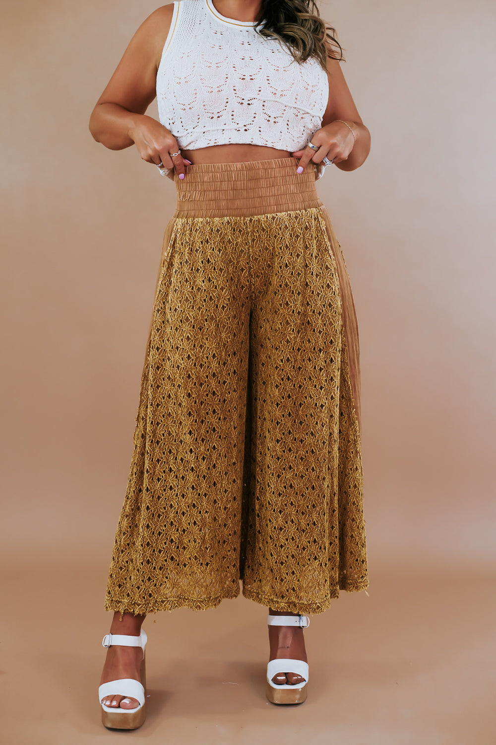 Mineral Washed Lace Wide Pants, Mustard