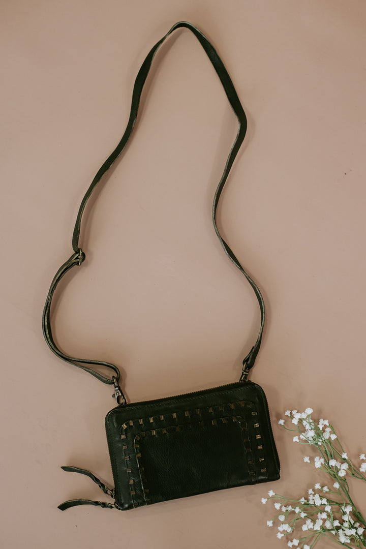 Take The Stage Studded Clutch, Olive