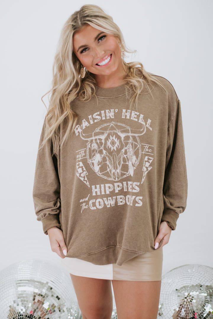 Raisin' Hell W/ Hippies & Cowboys Sweatshirt , Taupe