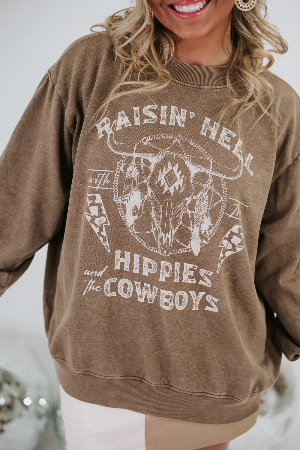 Raisin' Hell W/ Hippies & Cowboys Sweatshirt , Taupe