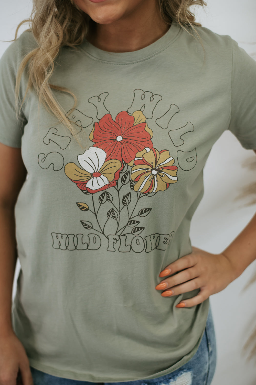 Stay Wild Floral Graphic Tee, Sage