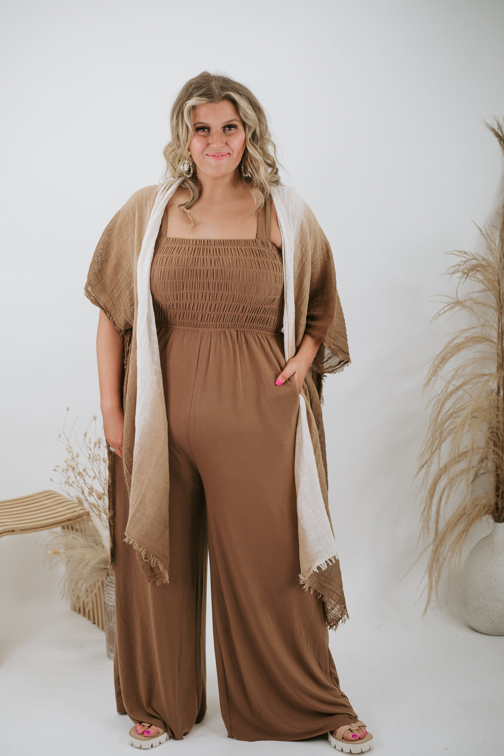 Say It's So Smocked Jumpsuit, Camel