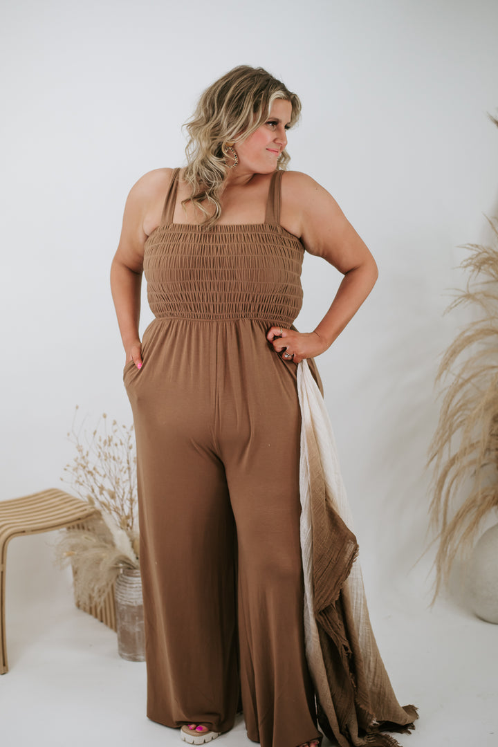 Say It's So Smocked Jumpsuit, Camel