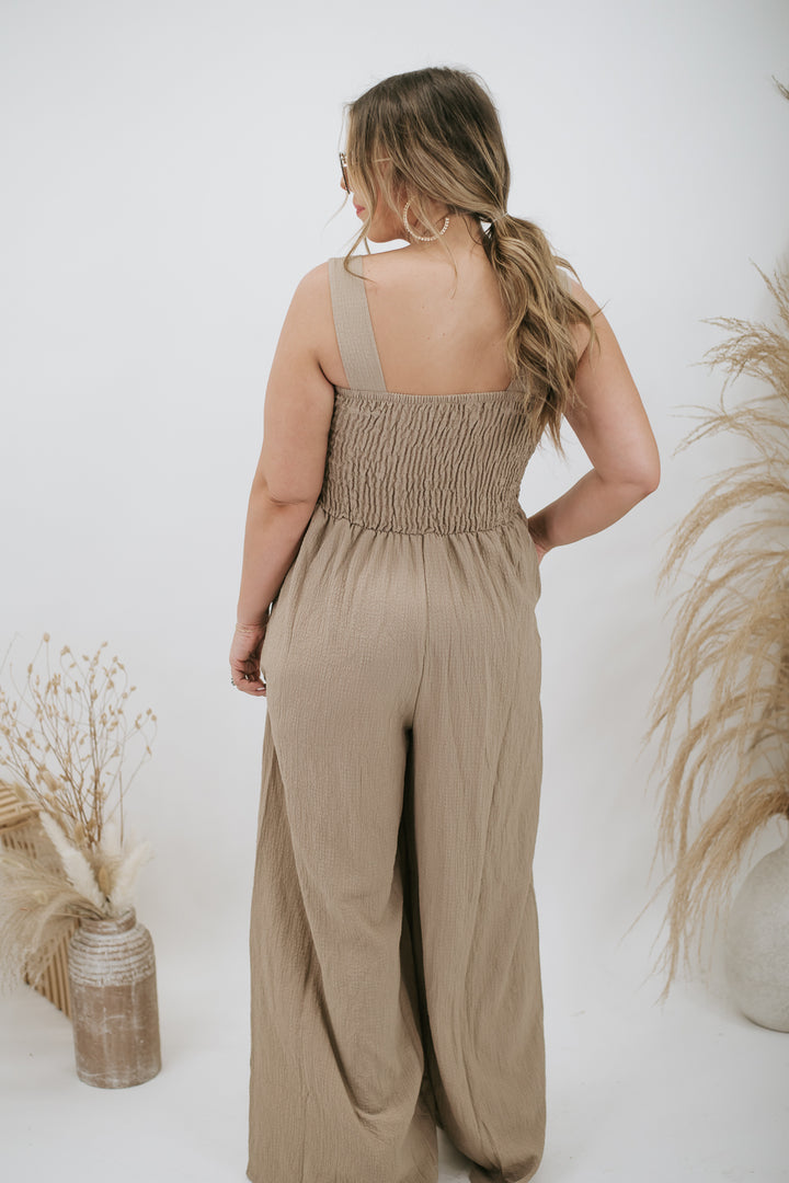 To The Tropics Jumpsuit, Taupe
