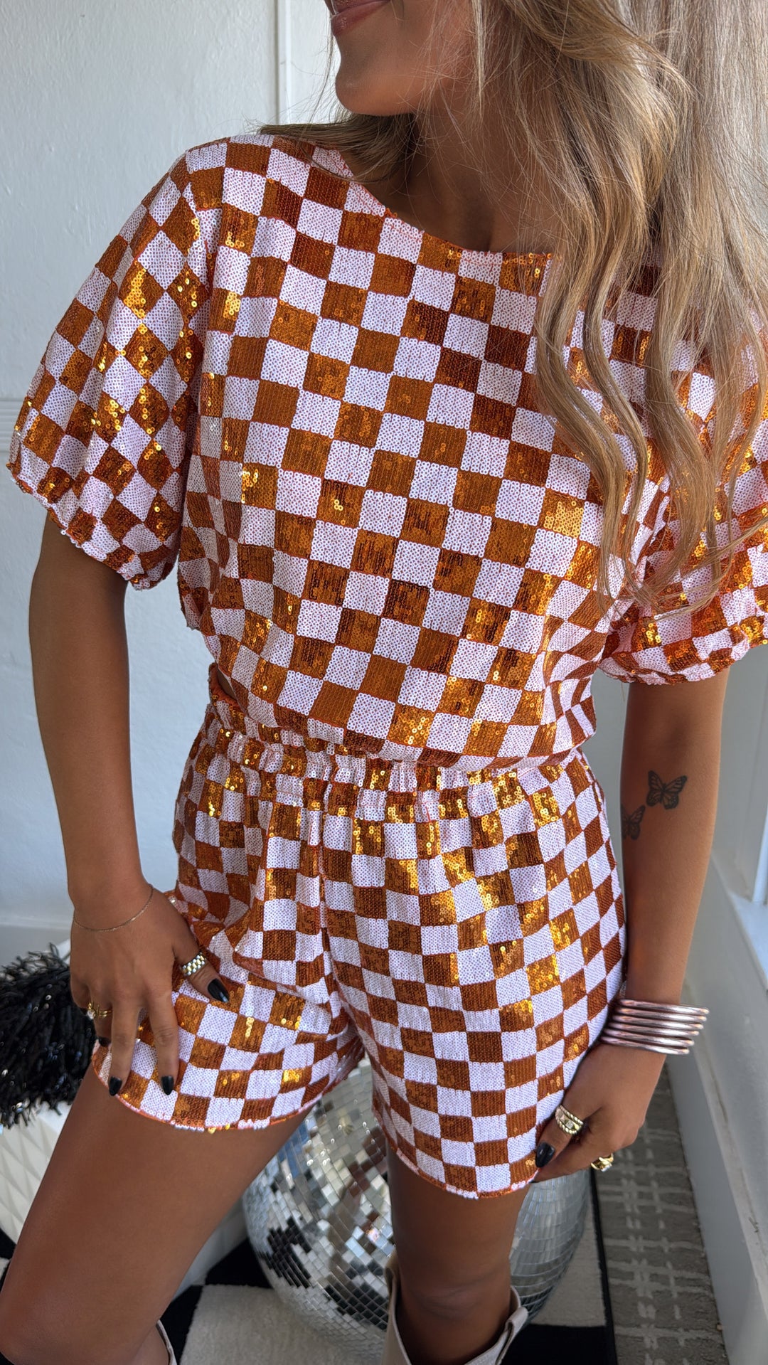 Orange & White Gameday Checkered Sequin Set