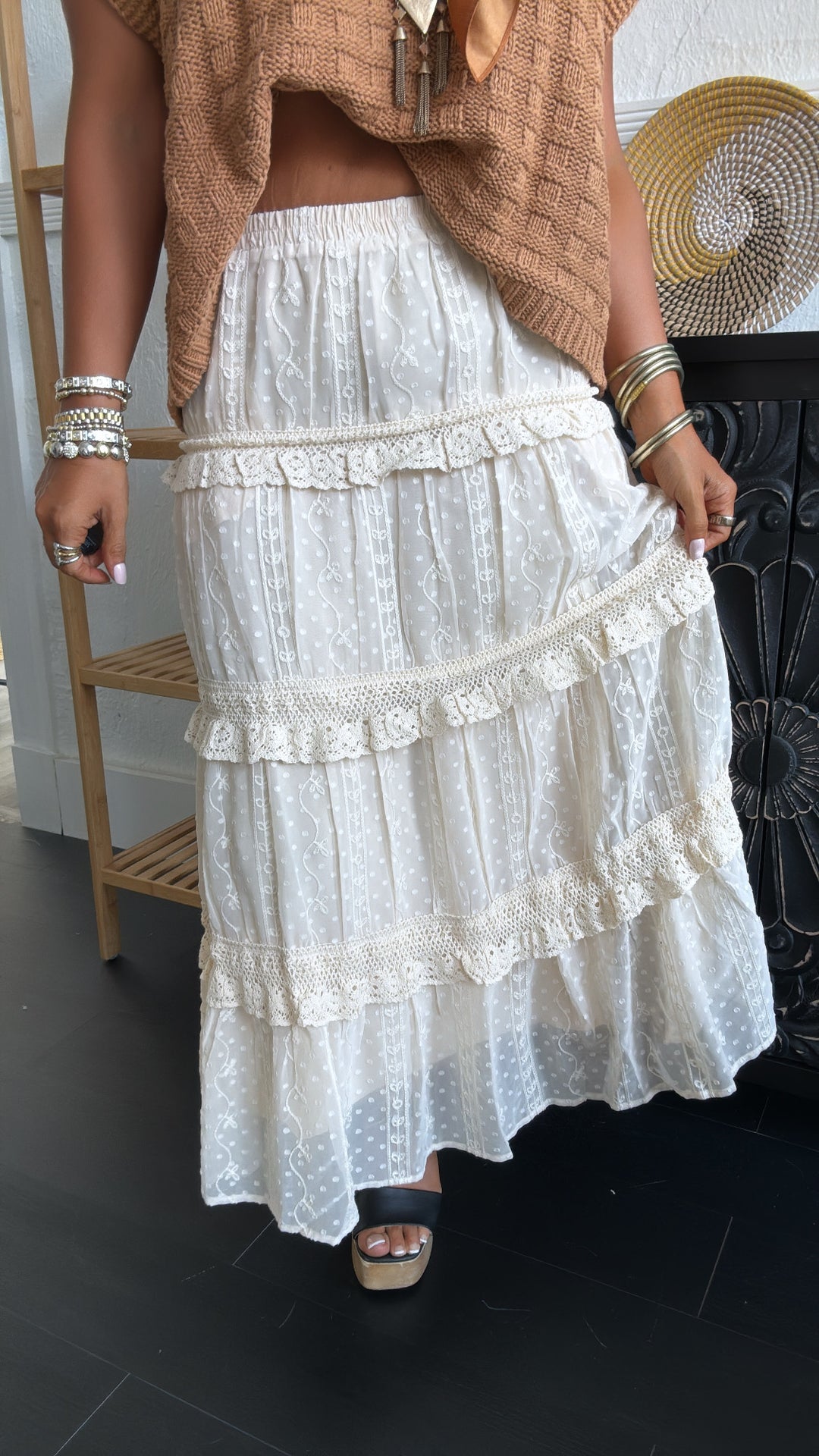 Lace Waltz Dotted Tiered Maxi Skirt