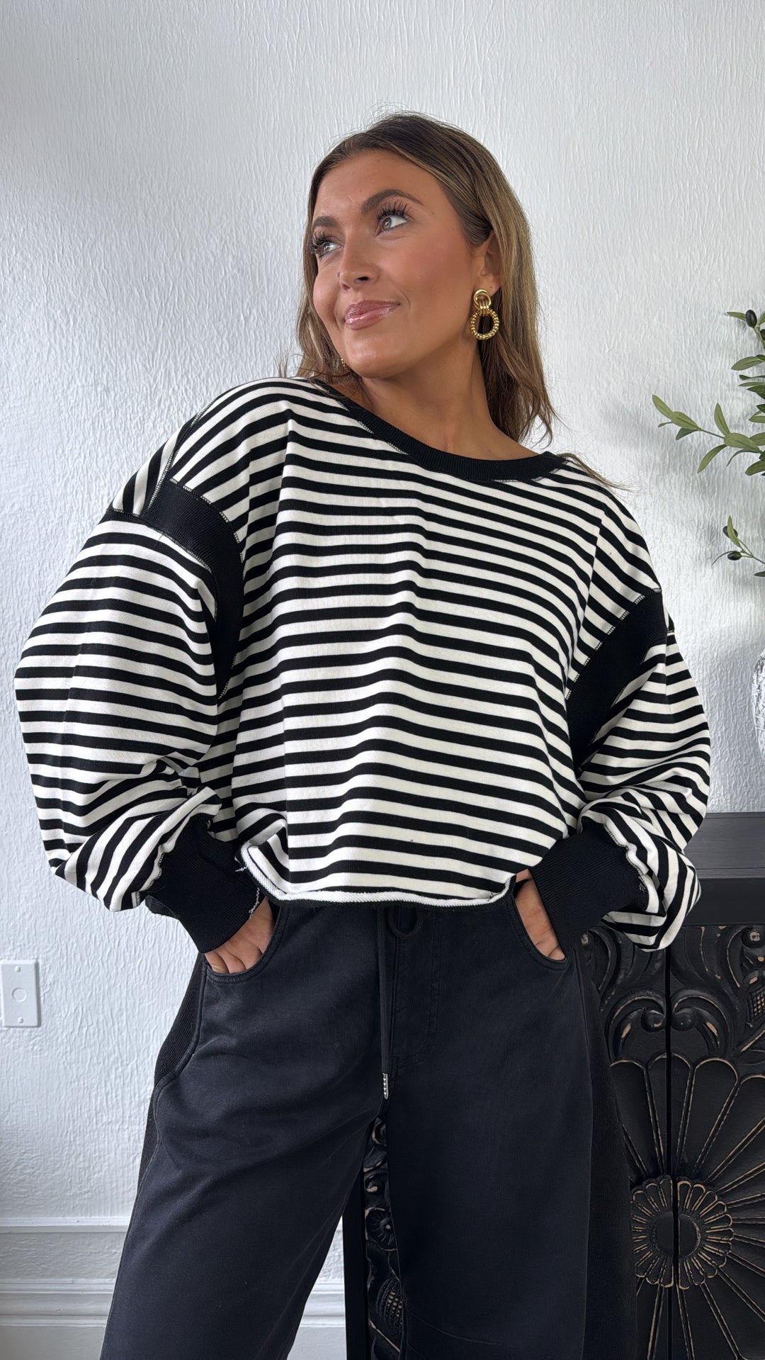 All About Balance Striped Top, Black/Ivory