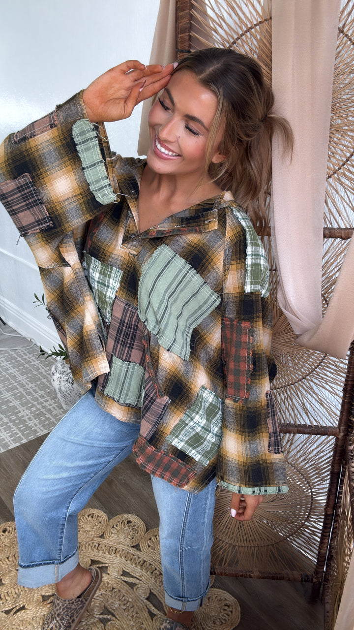 Mix It Up Patchwork Flannel Hooded Top