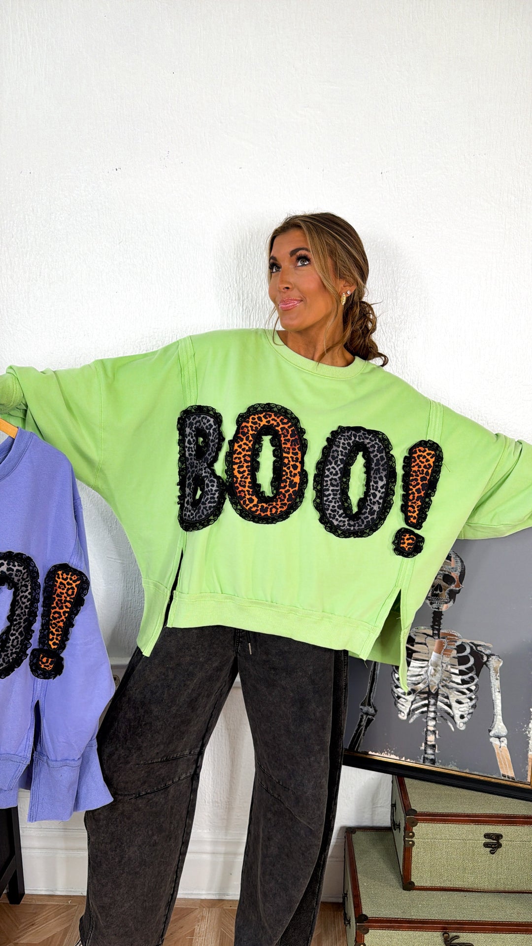 Leopard Boo & Lace Sweatshirt, Dk.Lime