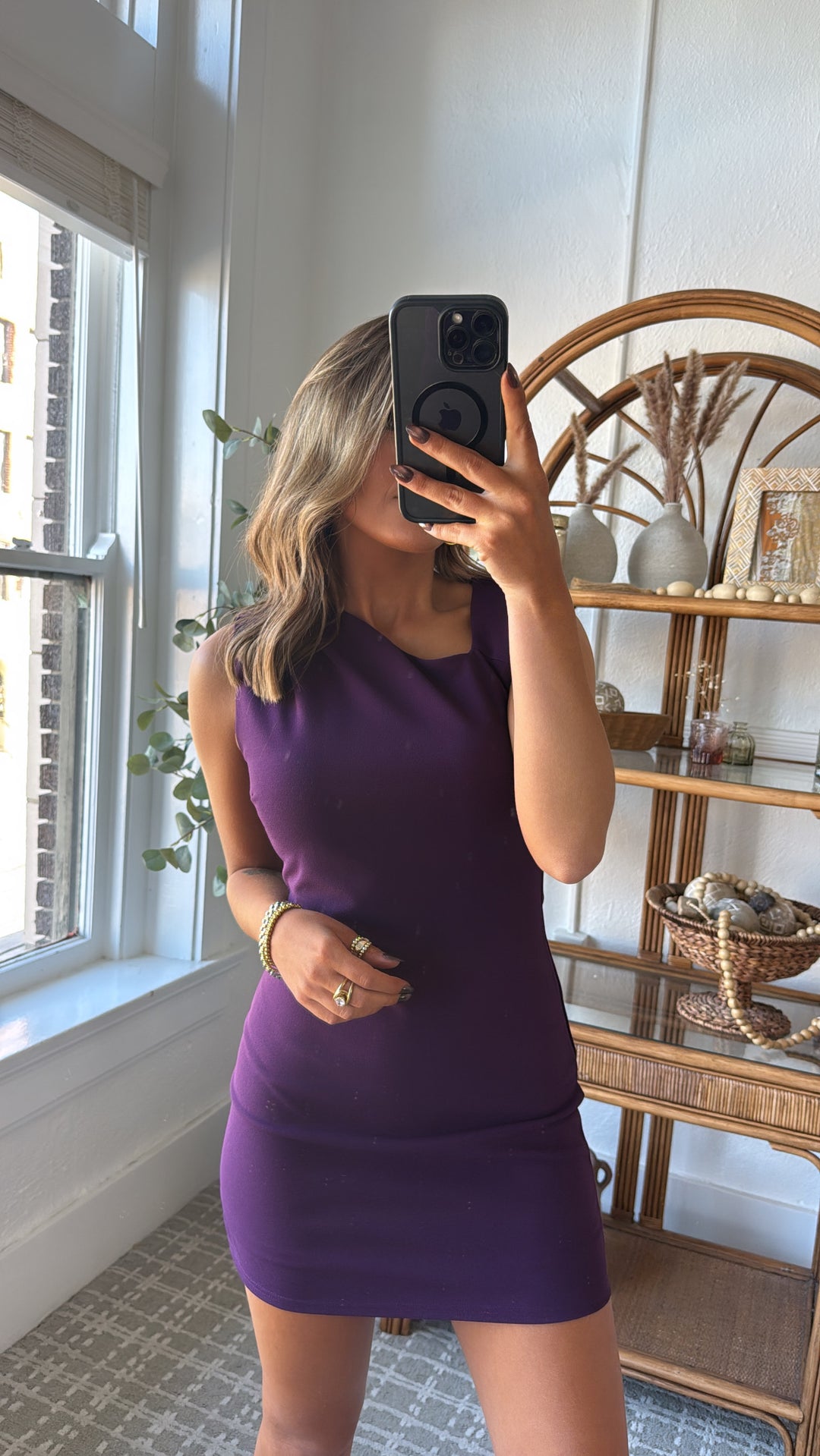 Stop & Stare Asymmetrical Mini Dress, Plum