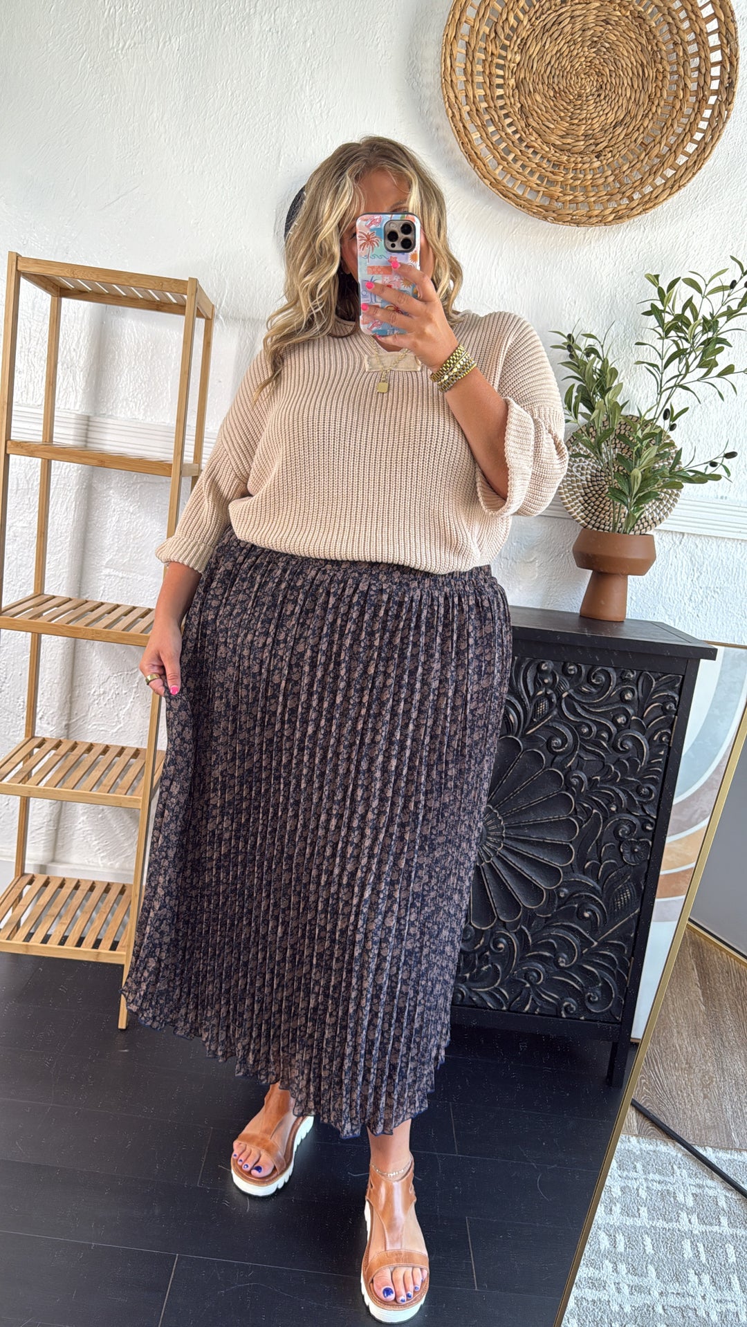 Garden Dream Floral Printed Pleated Midi Skirt