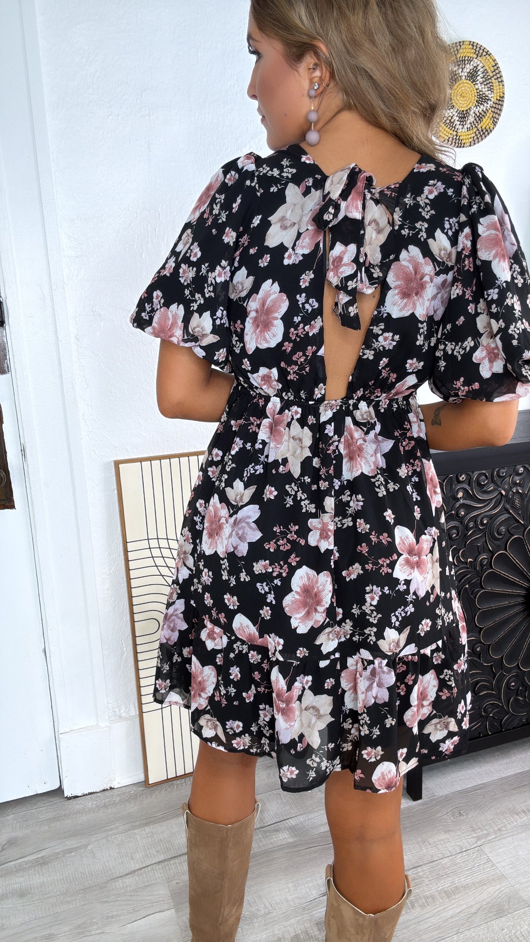 Della Dainty Floral Bubble Sleeve Mini Dress, Fall Black Multi