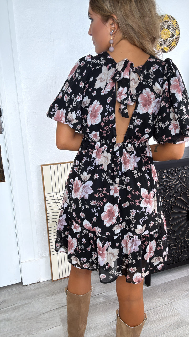 Della Dainty Floral Bubble Sleeve Mini Dress, Fall Black Multi