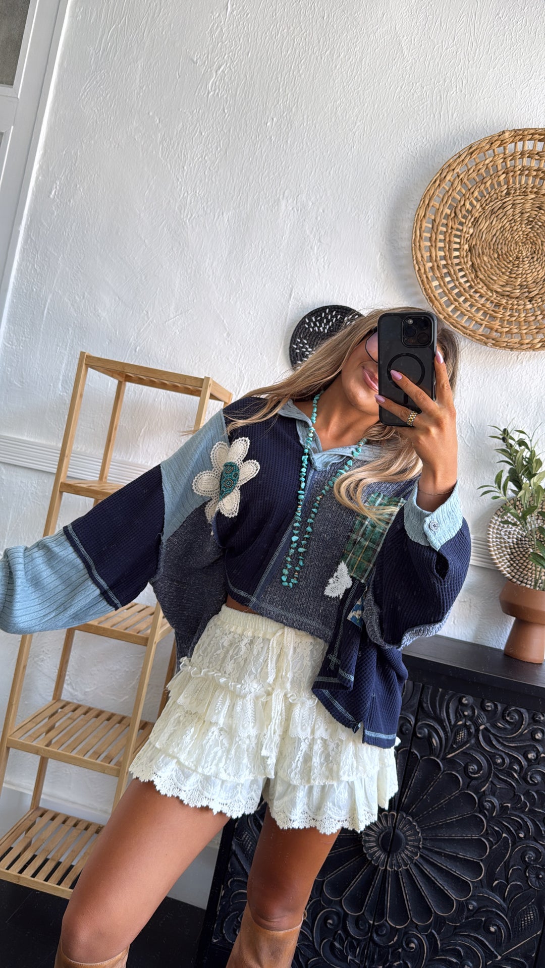 Sweet Impression Patchwork Long Sleeve Top, Indigo