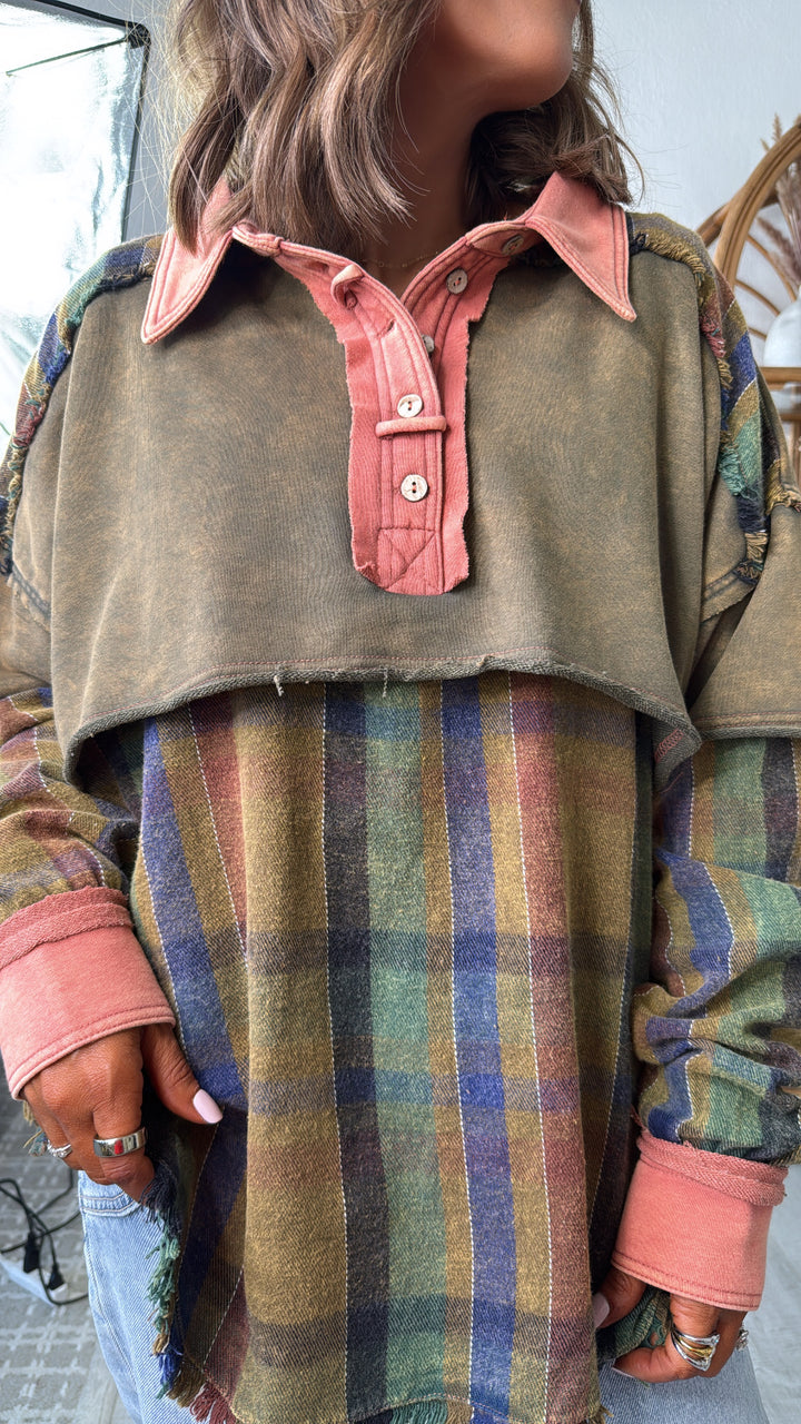 Hollow Pines Oversized Top, Olive Multi