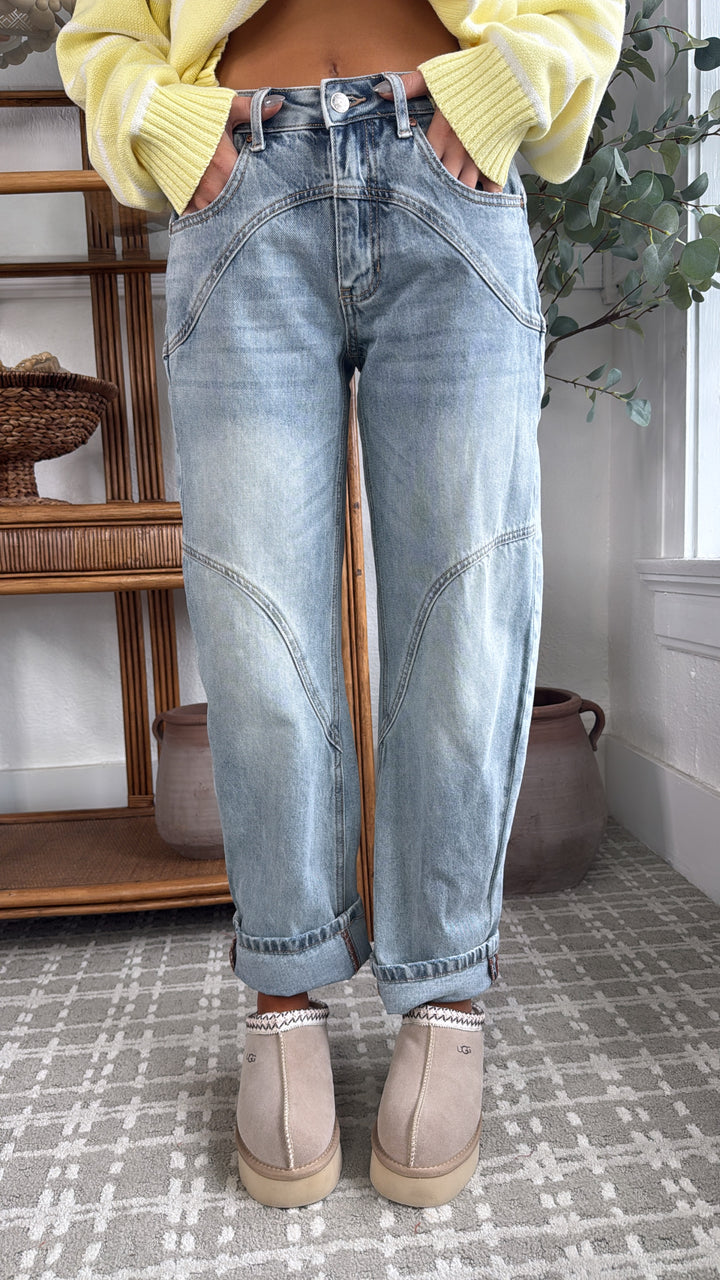 SAIGE: Studio Ready Barrel Jeans, Medium Light