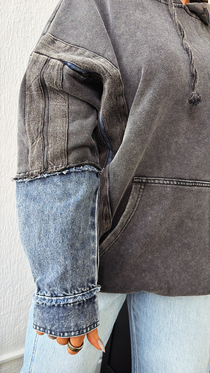 Stonewash Detailed Hoodie, Black