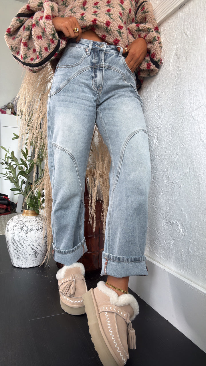 SAIGE: Studio Ready Barrel Jeans, Medium Light