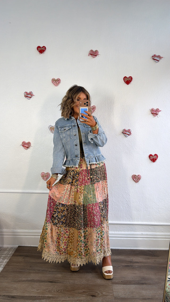 Cloverline Printed Tiered Midi Skirt, Latte