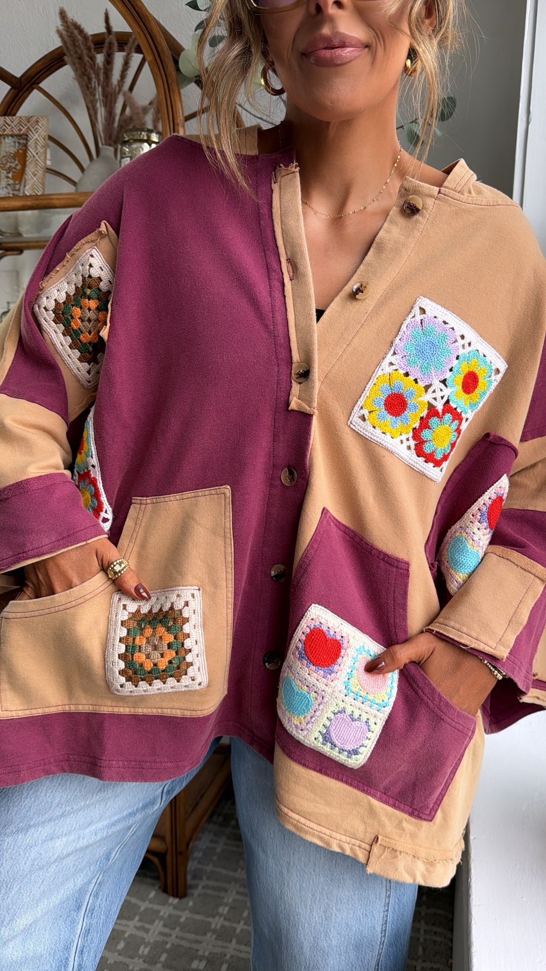 Patchwork Muse Button Up, Wine/Multi