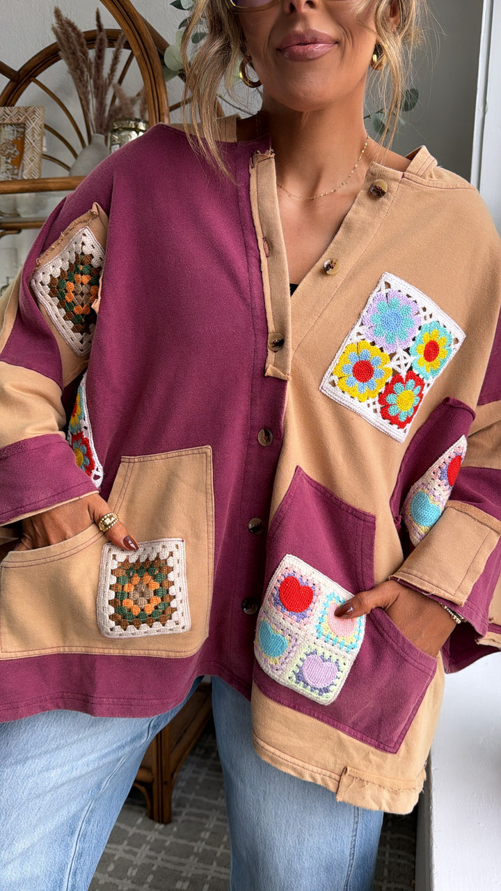 Patchwork Muse Button Up, Wine/Multi