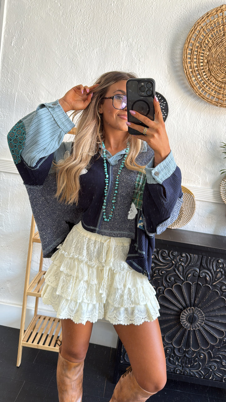 Sweet Impression Patchwork Long Sleeve Top, Indigo