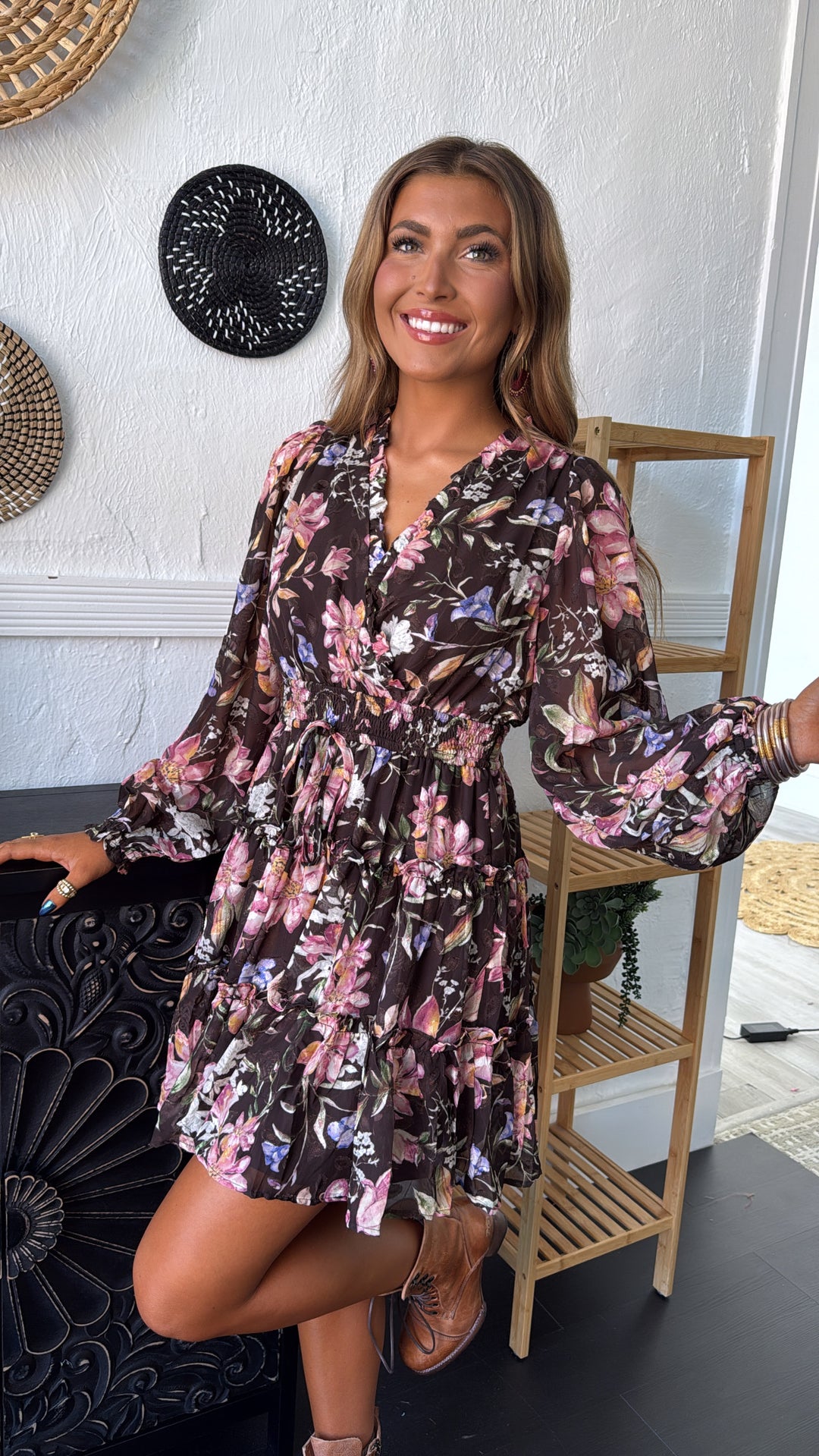 Midnight Flower Mini Dress, Chocolate Multi