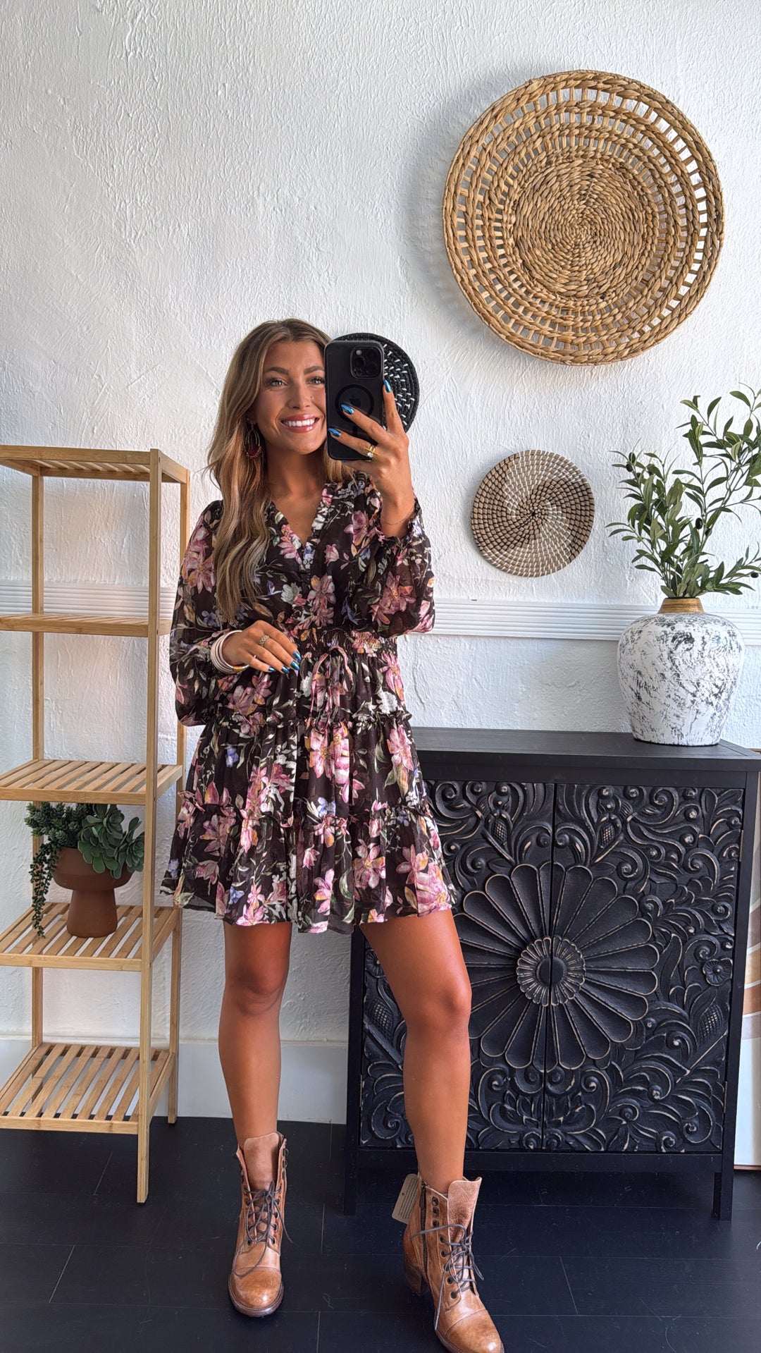 Midnight Flower Mini Dress, Chocolate Multi