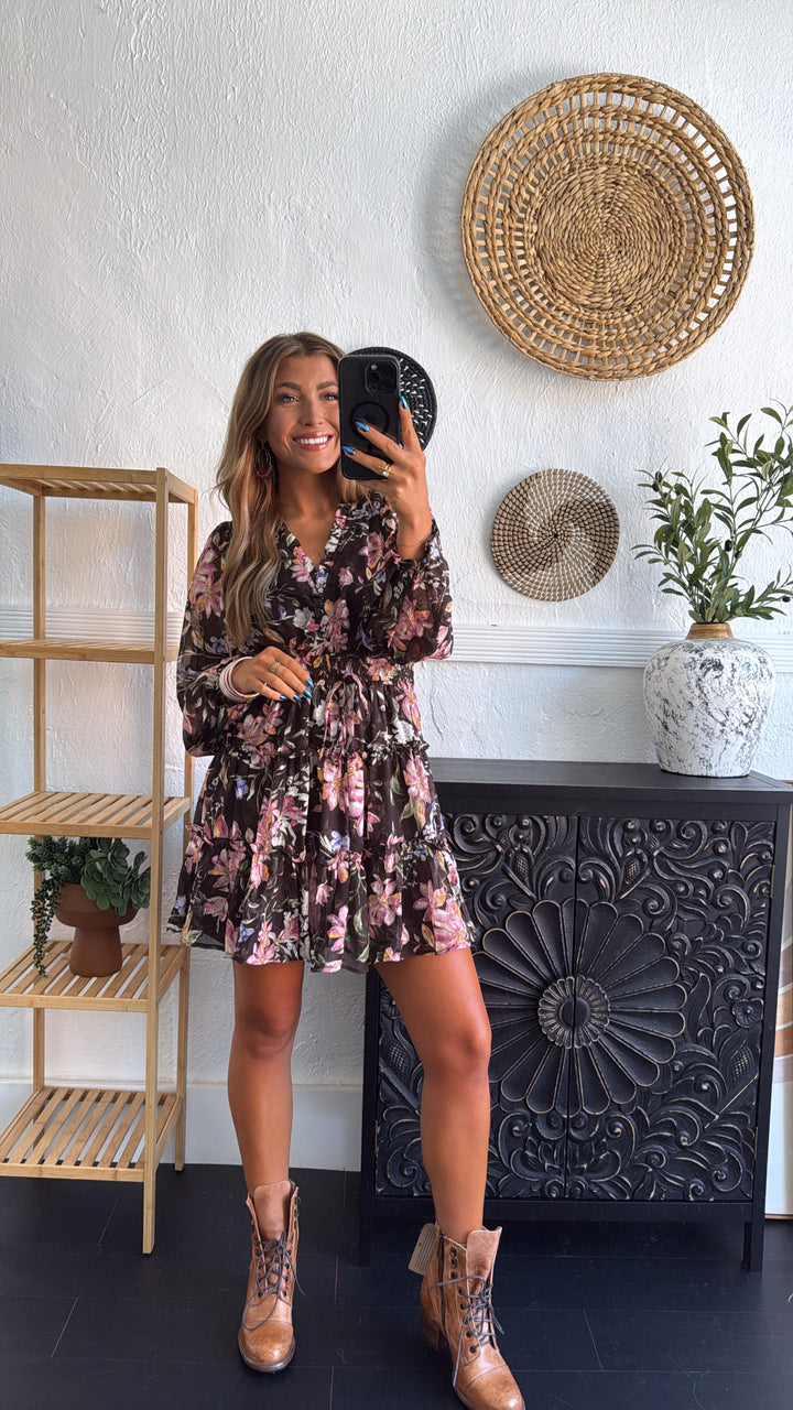 Midnight Flower Mini Dress, Chocolate Multi