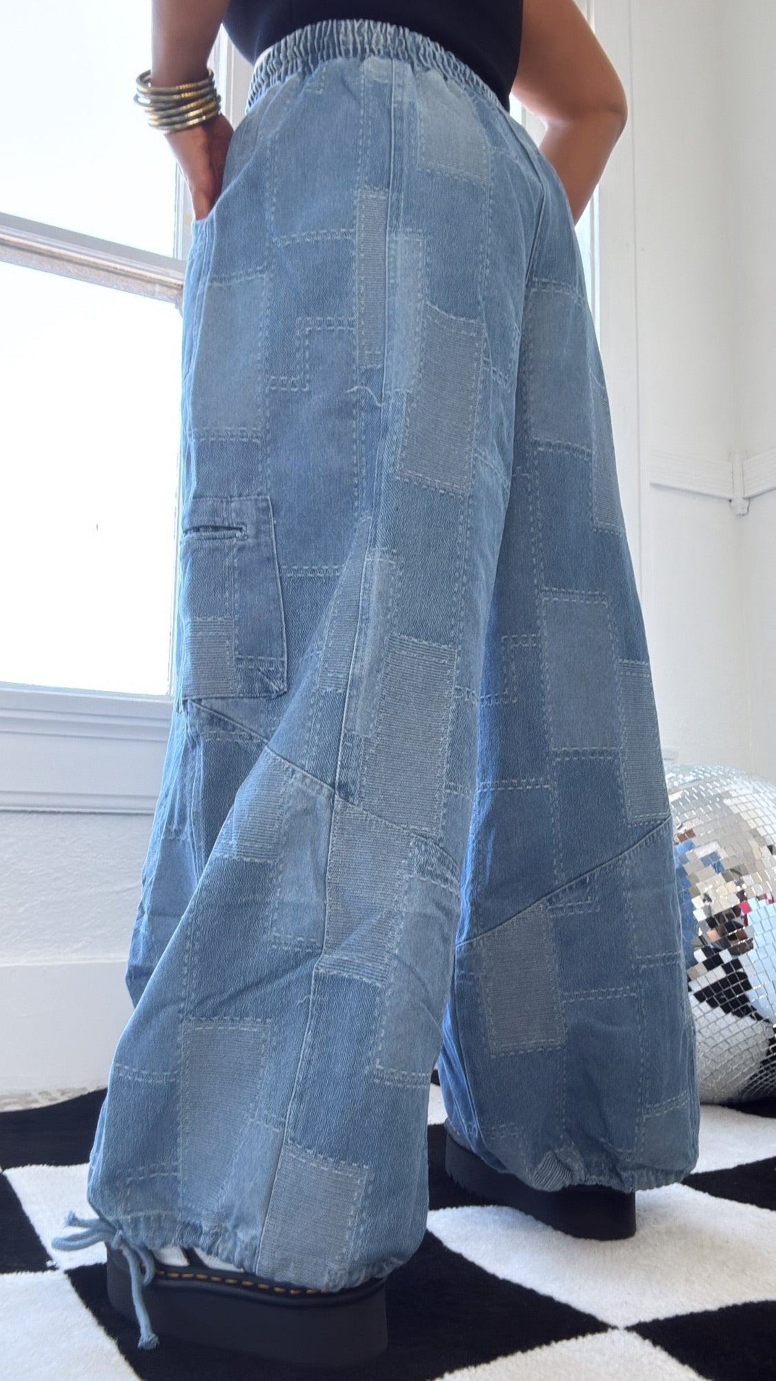 ECB Exclusive: Demi Denim Checkered Patchwork Jogger Pant