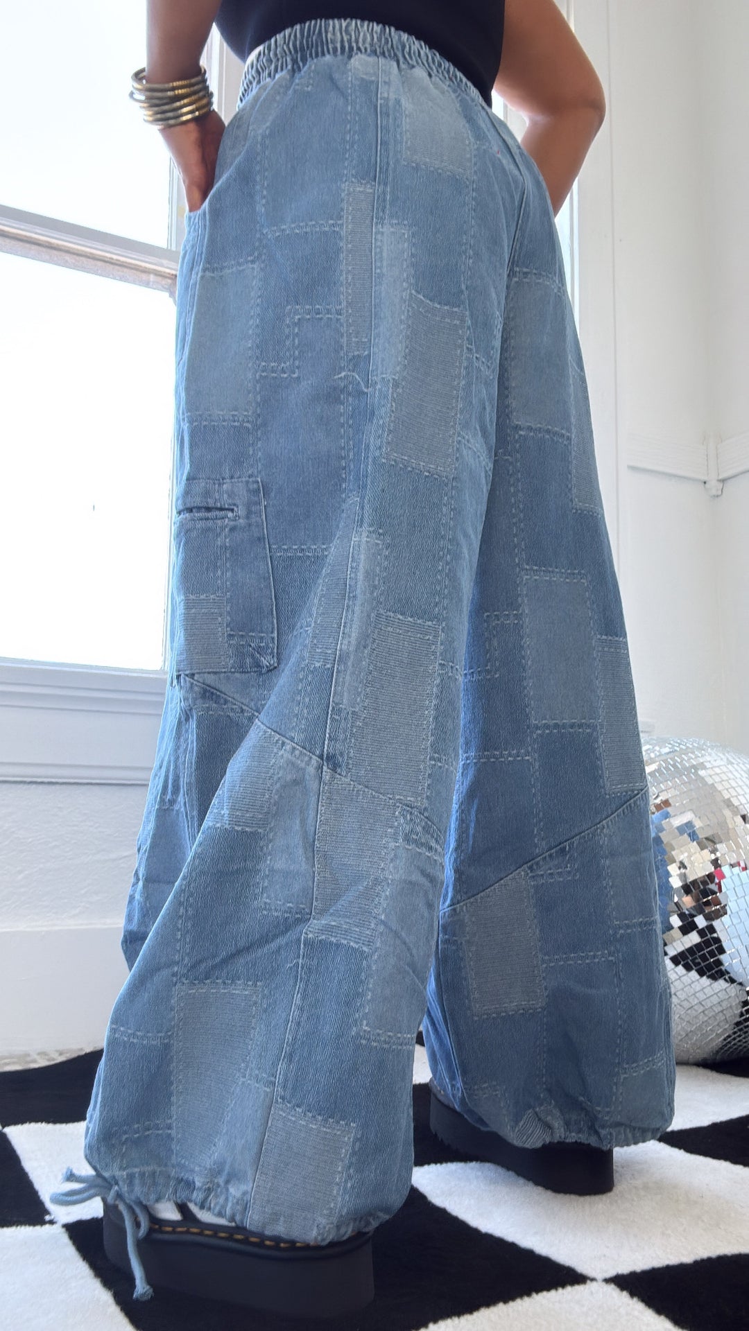 ECB Exclusive: Demi Denim Checkered Patchwork Jogger Pant