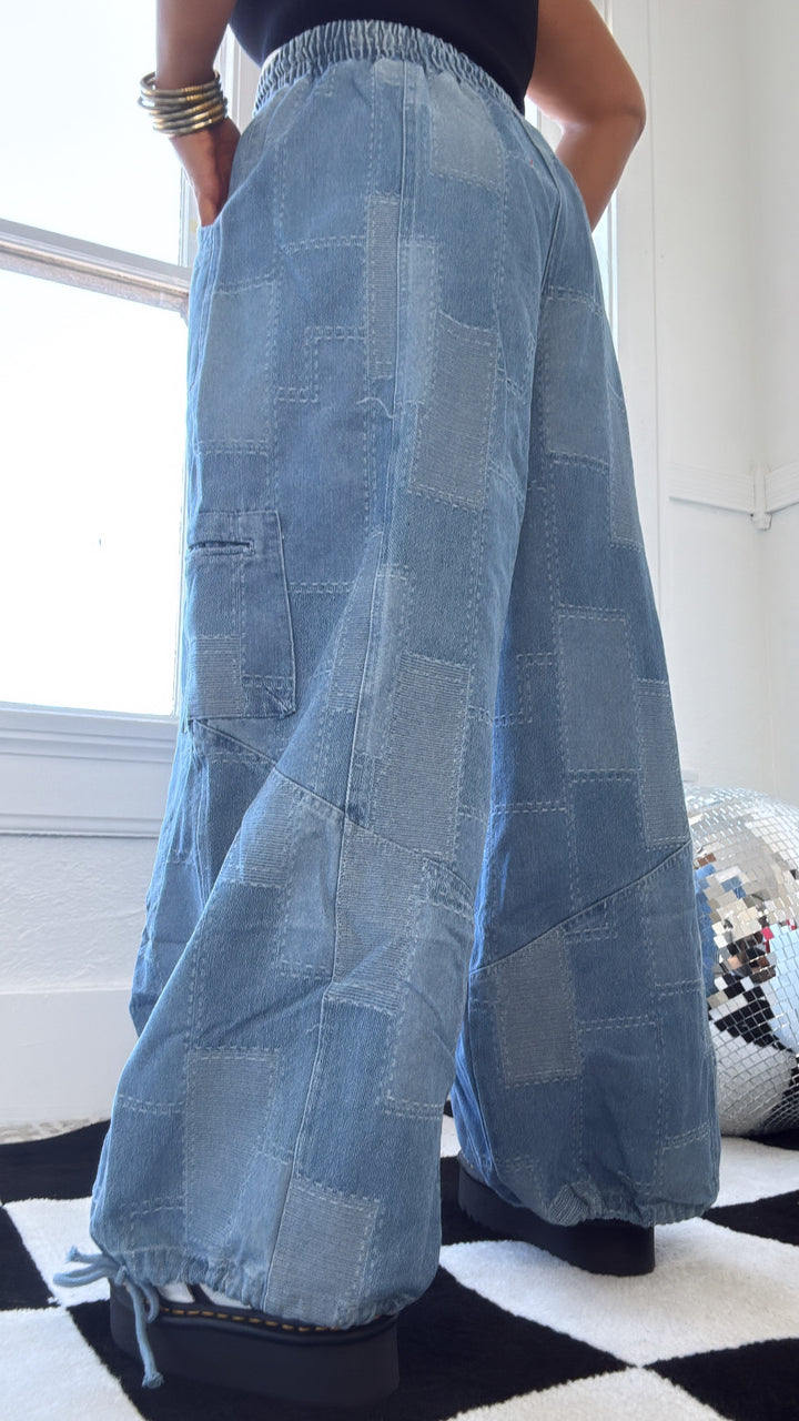 ECB Exclusive: Demi Denim Checkered Patchwork Jogger Pant
