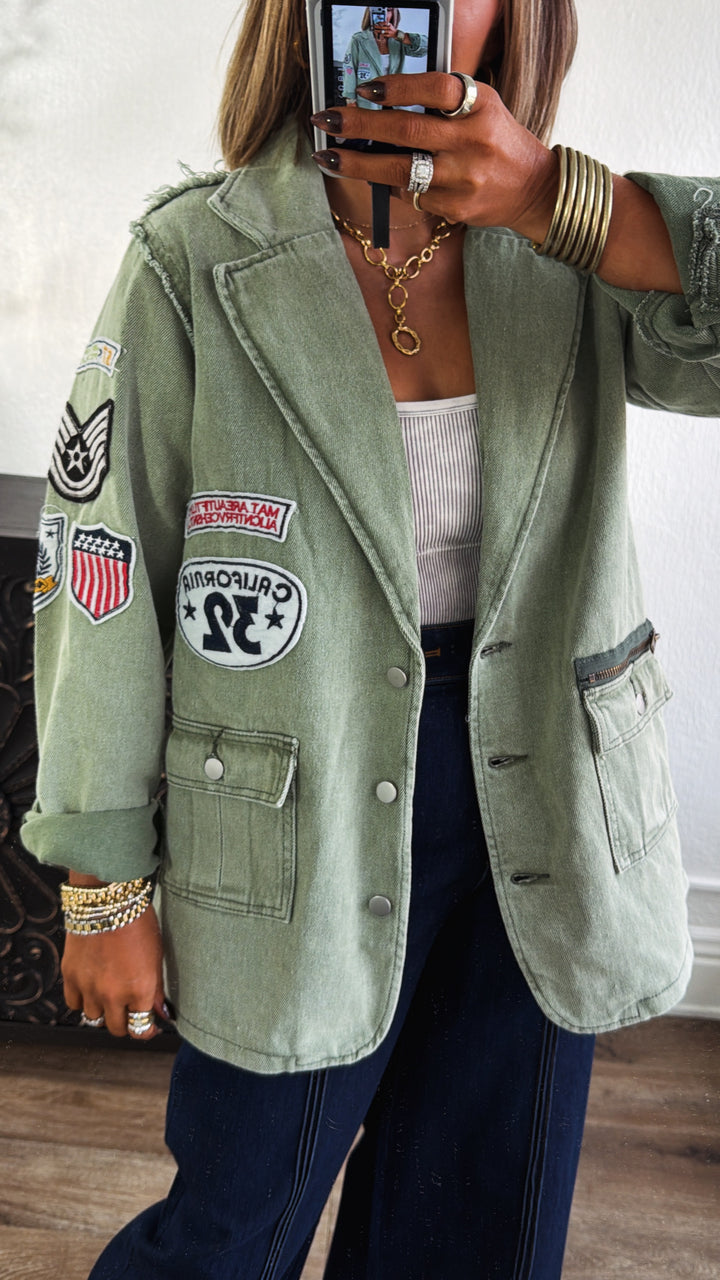 Vintage Patched Military Blazer, Powder Matcha