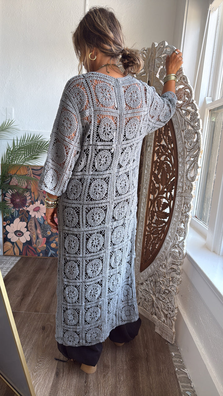 Something Light Crochet Tie Cardigan, Stone Grey