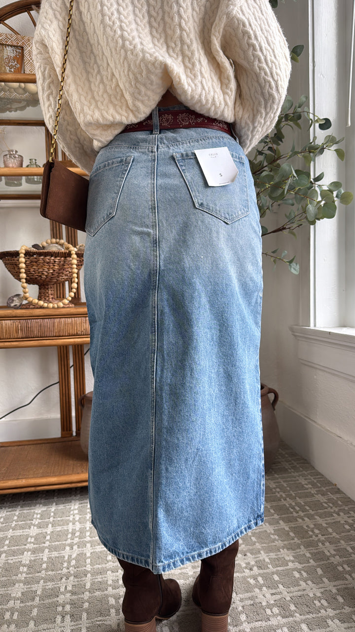 Daylight Drifting Cutout Midi Skirt, Denim