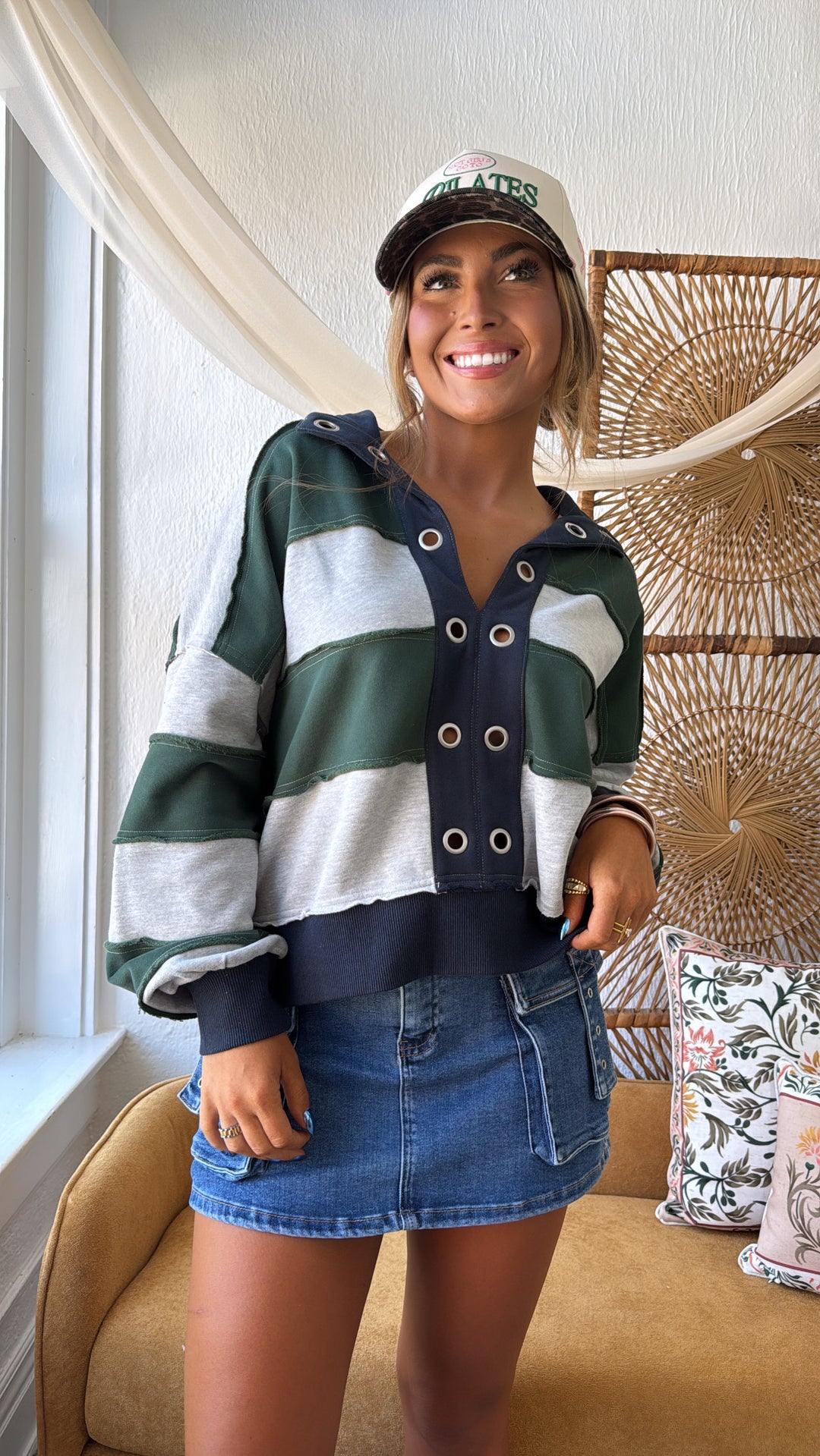 Oxford Pines Cropped Pullover, Forest/Navy